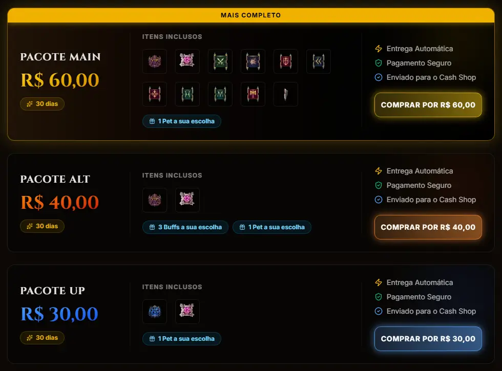 Novos precos dos pacotes